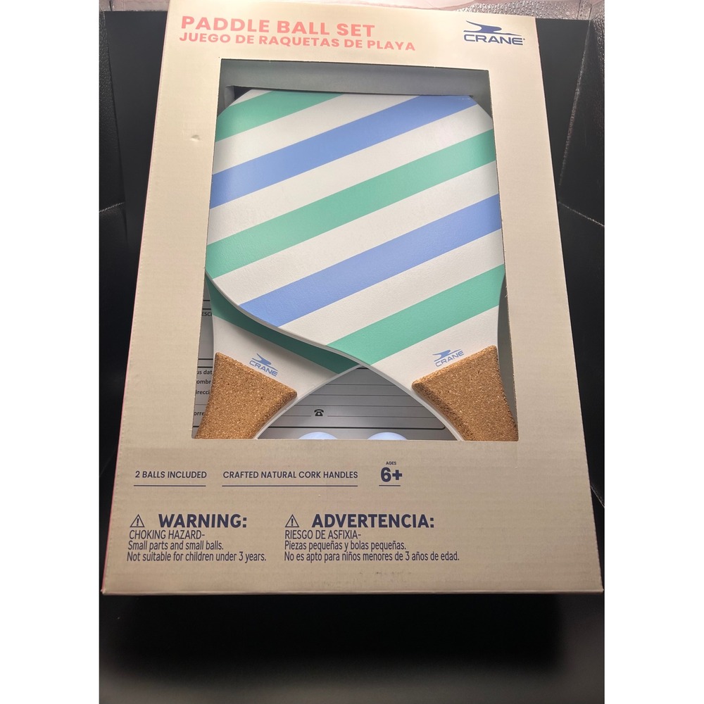 NEW Crane Paddle Ball Set Beach Backyard Game Blue Green Stripes Cork Handles